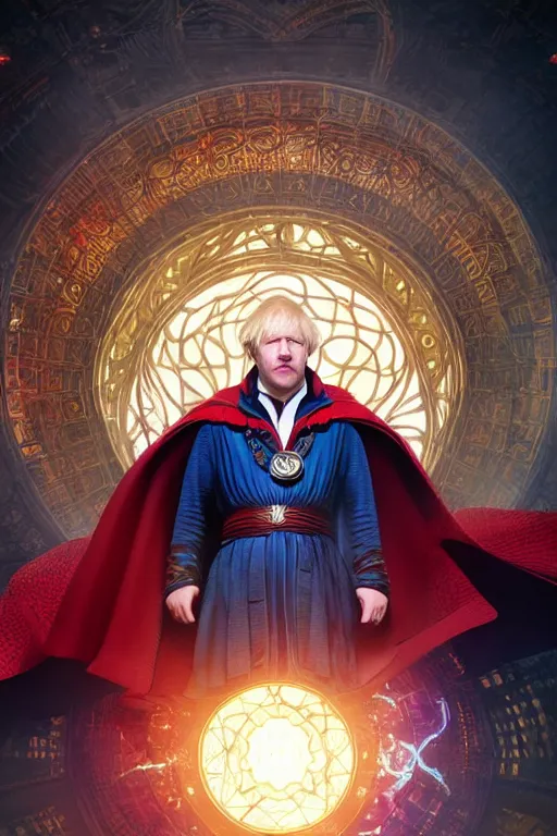 Image similar to Boris Johnson as Doctor Strange, portrait, Sanctum Sanctorum, highly detailed, digital painting, artstation, concept art, smooth, sharp focus, illustration, cinematic lighting, art by artgerm and greg rutkowski and alphonse mucha