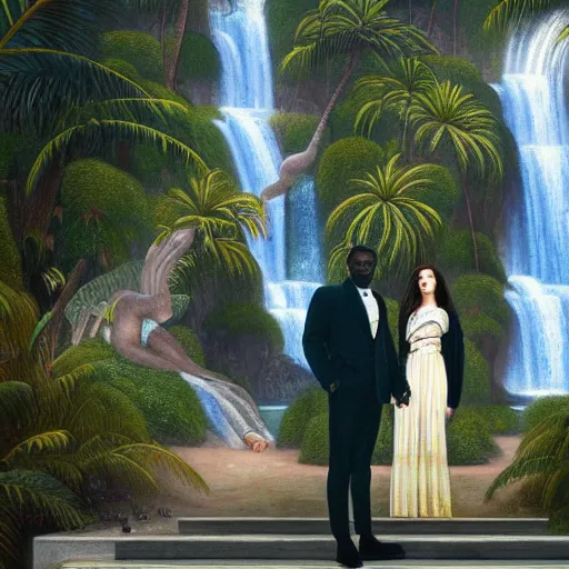 Image similar to a ultradetailed beautiful painting of lorde, frank ocean, the weeknd and lana del rey standing in front of the diamonds waterfall in the amazonas palace balustrade designed by jules bastien - lepage, tarsila do amaral, frank weston and gustave baumann, beach, trending on artstation, mediterranean, palm trees, sharp focus, soft light, 8 k 4 k