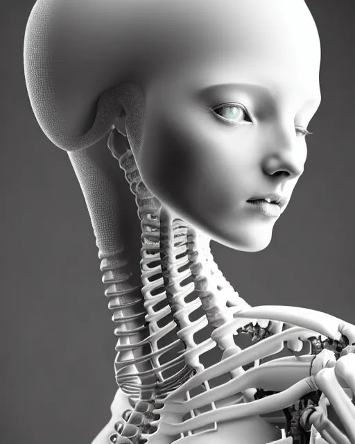 Prompt: white background, halo, dreamy foggy elegant soft luminous bw profile face 3 d render of a beautiful young biomechanical - porcelain - female - cyborg with a delicate detailed mandelbrot fractal texture skin and a very long neck with gothic pearl embroidered collar, white smoke atmosphere, rim light, hg giger, 8 k