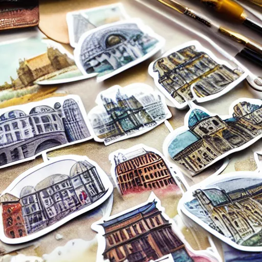 Prompt: a watercolour sticker pack with historical buildings