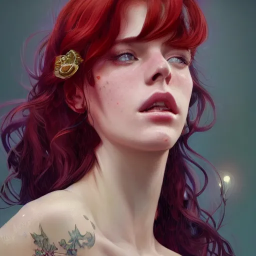 Prompt: close up portrait of a beautiful girl with red hair and freckles, happy intricate, elegant. highly detailed, digital painting, artstation, concept art, smooth, sharp, focus, illustration. background is purple, art by artgerm and greg rutkowski and alphonse mucha,