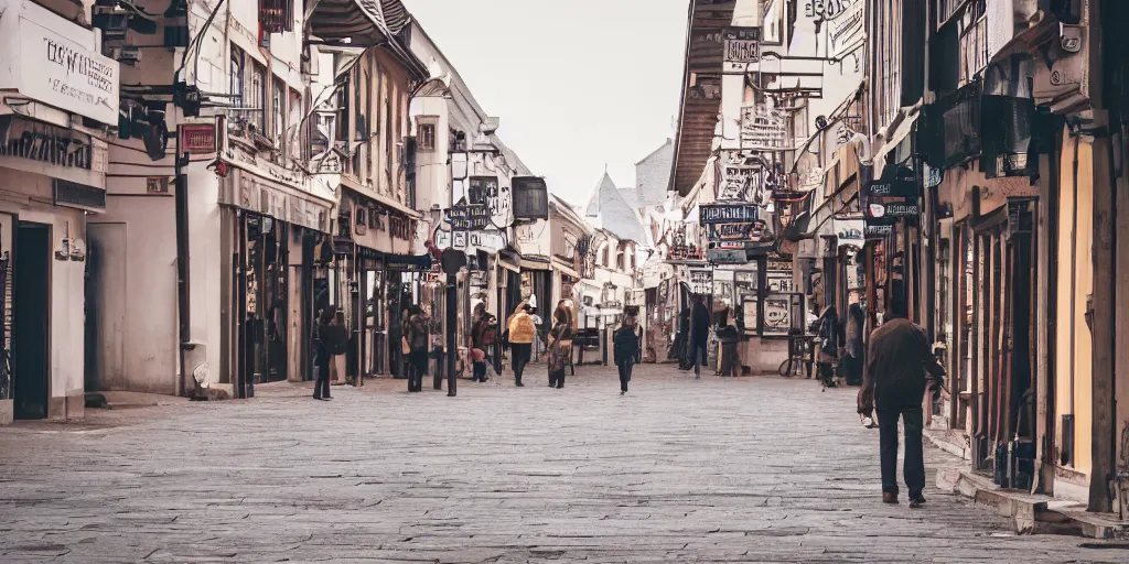 Image similar to a man walking in the town, wide - shot, professional color photograph