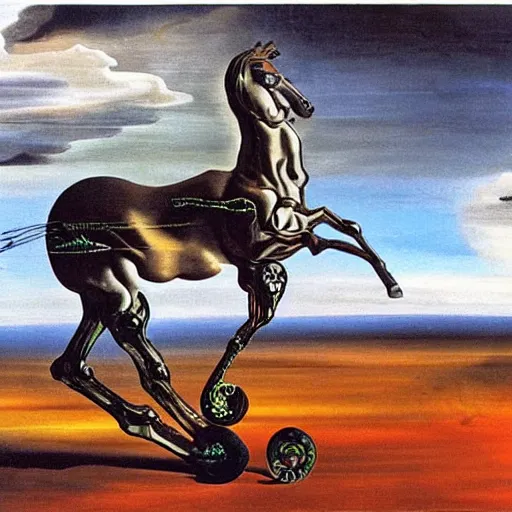 Prompt: A horse with wheels splits the fabric of time. Painting by Salvador Dali.