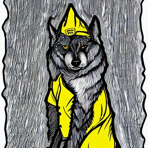 Prompt: lineart of a silly mexican grey wolf wearing a yellow raincoat from the series dark ( netflix series ), devianart trending, positive