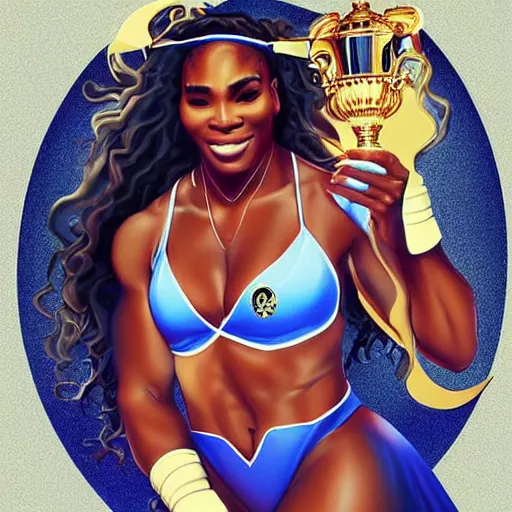 Image similar to serena williams as aphrodite holding the us open trophy illustration by artgerm