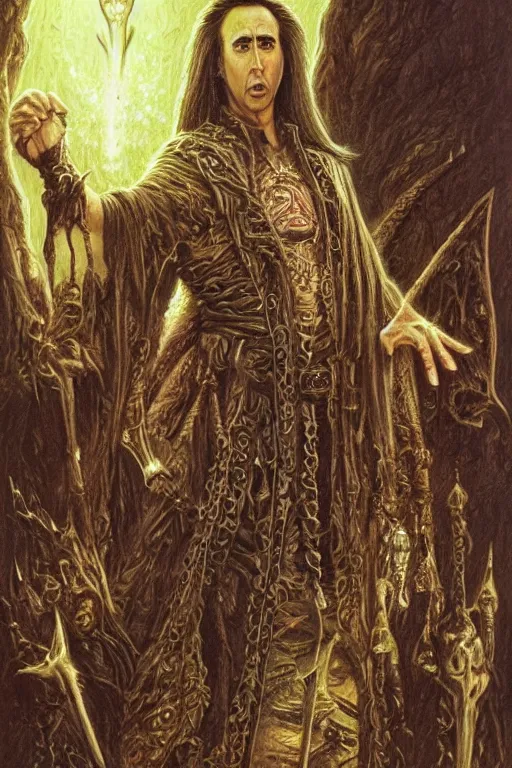 Image similar to Nicolas Cage as wizard, fantasy, intricate, highly detailed, illustration by ken kelly