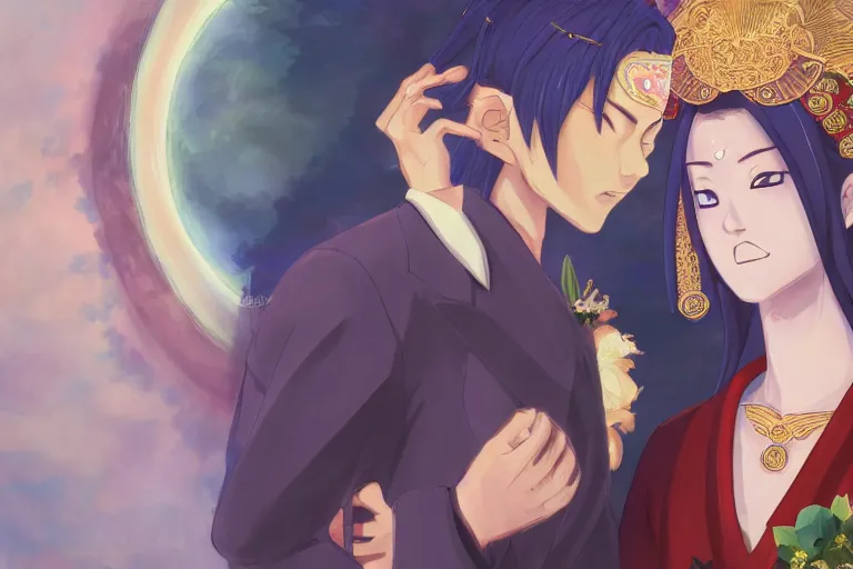 Image similar to a cinematic portrait of wedding photograph jpeg close up moment of a divine a japan sun god and moon goddess lovers magician at a wedding banquet. portraiture. digital painting. artstation. concept art. wedding photo. digital painting. naruto the movie art masterpiece by art by krenz cushart