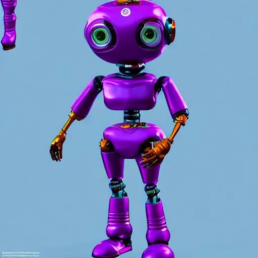 Image similar to kid robot with purple jacket design by fabricio campos and lidia morales, character modeling, toy design, substance 3 d painter, blender, mental ray, zbrush, trending in behance