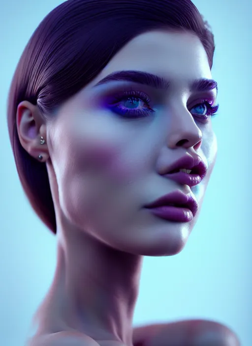 Image similar to beautiful female, attractive facial features, haze, model, intricate, symmetrical face, makeup, sephora, maybelline, studio, reflections, cinematic, filmic, vsco, concept art, artstation, elegant, model, gorgeous, vray, flim, octane render, ambient occlusion, prism details