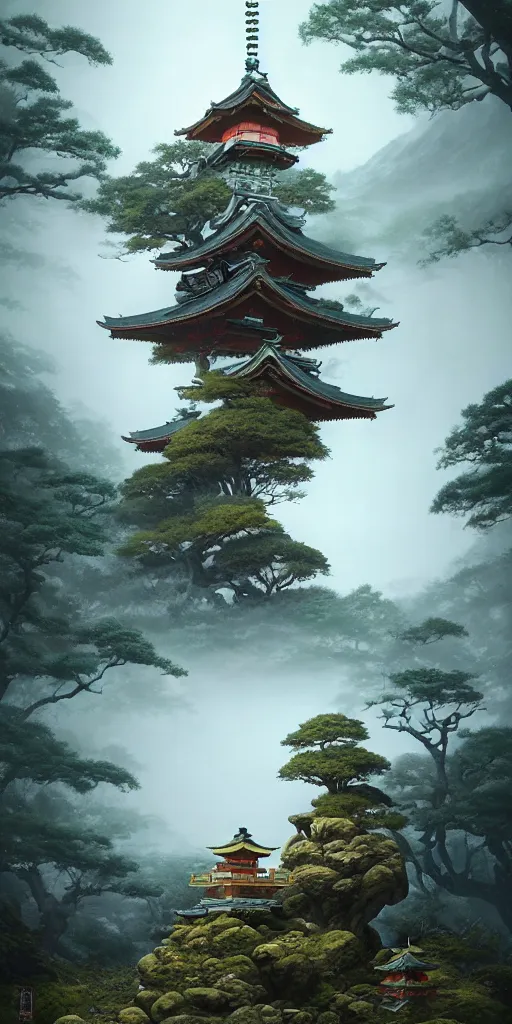 Image similar to japanese style shrine on top of a misty mountain overgrown by glowing mushrooms, hyper realistic, lush gnarly plants, 8 k, denoised, by greg rutkowski, tom bagshaw, james gurney cinematic lighting