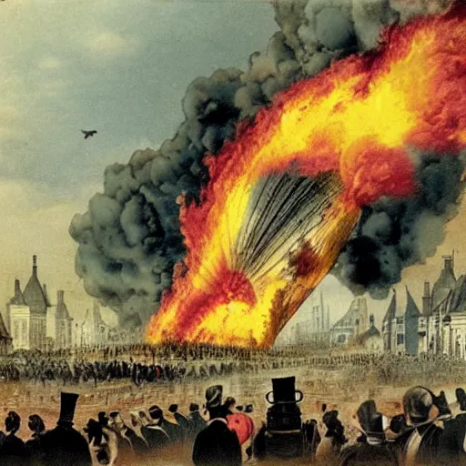 Prompt: the Hindenburg crashing in flames in colour on Victorian London