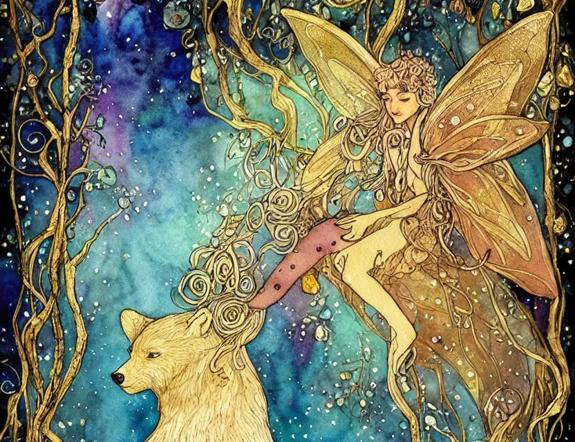 Image similar to faerie bear in a crystal cave. this watercolor and gold leaf work by the award - winning comic artist has a beautiful composition and intricate details.