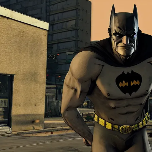 Prompt: trevor philips ( gta 5 ) as batman, town of sandy shores ( gta 5 ) in background