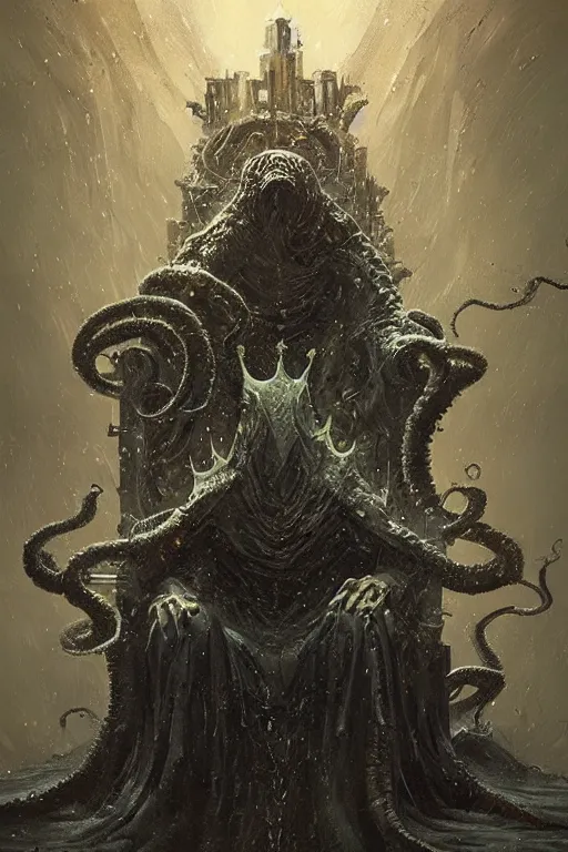 Image similar to lovecraftian king on a throne, digital art, in the style of greg rutkowski, trending on artstation