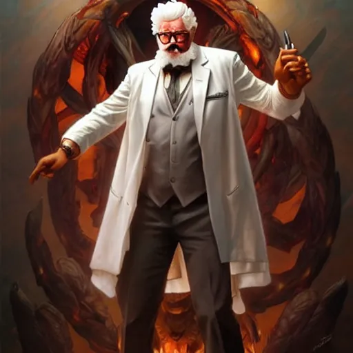 Image similar to a full body portrait of colonel sanders the greek god!! fighting in hell against a starving hillbilly!!! extremely beautiful, anatomically accurate, by artgerm and by greg rutkowski and by alphonse mucha and by simon bisley, radiant light, detailed and intricate environment,