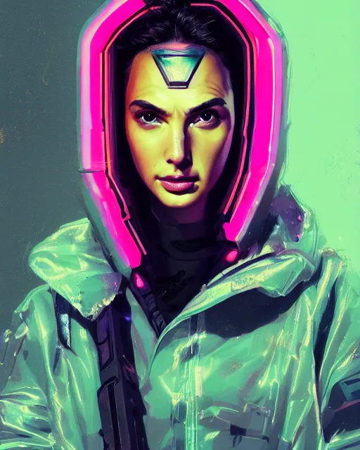 Image similar to detailed portrait Gal Gadot Neon Operator Girl, cyberpunk futuristic neon, reflective puffy coat, decorated with traditional Japanese ornaments by Ismail inceoglu dragan bibin hans thoma greg rutkowski Alexandros Pyromallis Nekro Rene Maritte Illustrated, Perfect face, fine details, realistic shaded, fine-face, pretty face