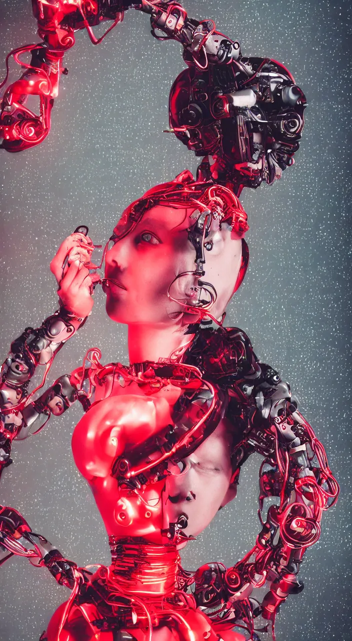 Prompt: woman, android, female robot, cyberpunk, artificial limbs, circuit, wires, mechanisms, tattoos, neon lights, retrowave, hard light, glamour, vogue photoshoot, fashion, long dress, red dress, raindrops, rain, wet, make - up, leaky make - up, red lipstick