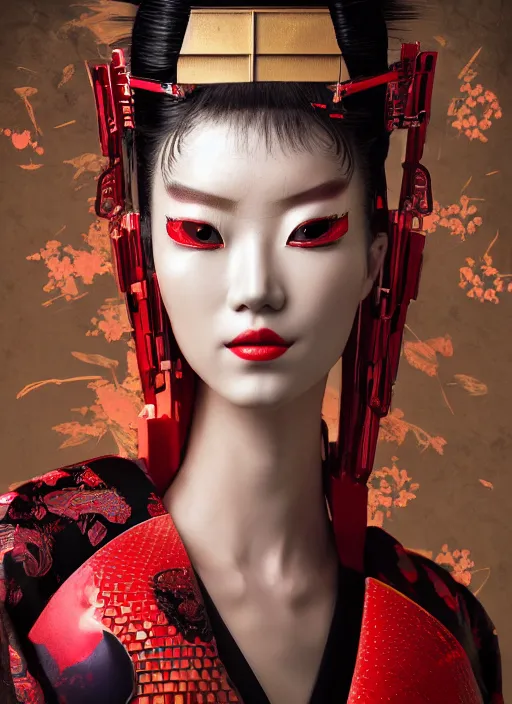 Image similar to portrait of a stylish futuristic geisha cyborg, with a red kimono with japanese golden signs written on it, kintsugi, modern fine art, fractal, intricate, elegant, highly detailed, digital photography, subsurface scattering, in the style of ghost, by jheronimus bosch and yue minjun and greg rutkowski,