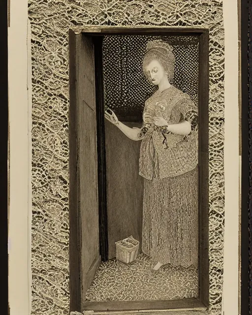 Image similar to a woman standing in a doorway, made of intricate decorative lace leaf, in the style of the dutch masters and gregory crewdson, dark and moody