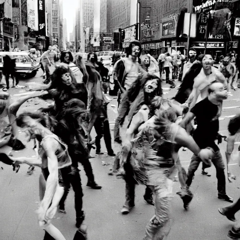 Prompt: radioactive zombies staggering in new york city street, 1970s, 35mm film look, Kodak Portra 400, 8k, vintage color polaroid