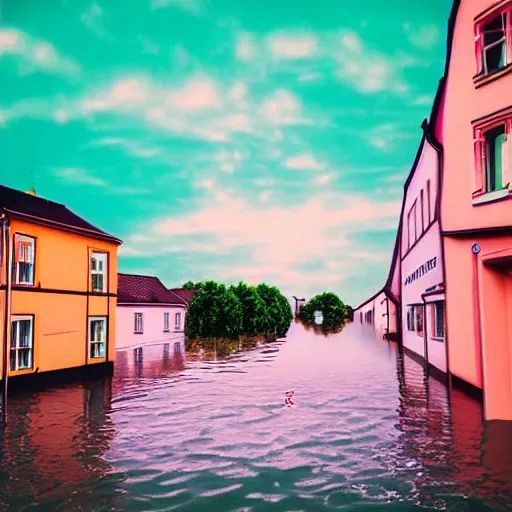 Image similar to 80s vaporwave outrun Album Art of a german town being flooded, retro, grainy, noisy