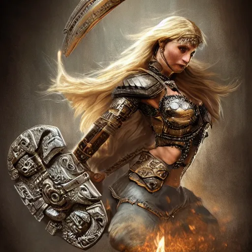 Prompt: shield maiden jumping out of birthday cake, intricate detail, royo, klimt, miro, vallejo, frazetta, giger, whealan, hd, unreal engine,