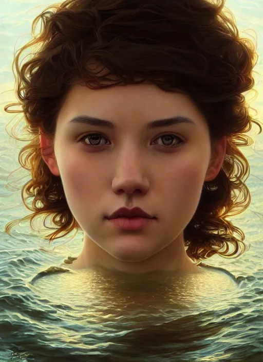 Image similar to full body portrait of a woman with short wavy hair, round face, cottagecore!!, lake water, submerged!!!, intricate, enlightened, highly detailed, digital painting, artstation, concept art, smooth, sharp focus, illustration, art by artgerm and greg rutkowski and alphonse mucha