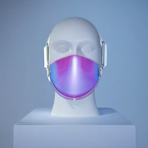 Prompt: an ultra high definition professional studio quality photograph of a transparent iridescent perspex pastel coloured face mask and coat on a white coat hook in an empty white room. dramatic lighting, ray tracing, refraction, shallow d. o. f, colour corrected, golden ratio, three point light. volumetric shadows. light rays.