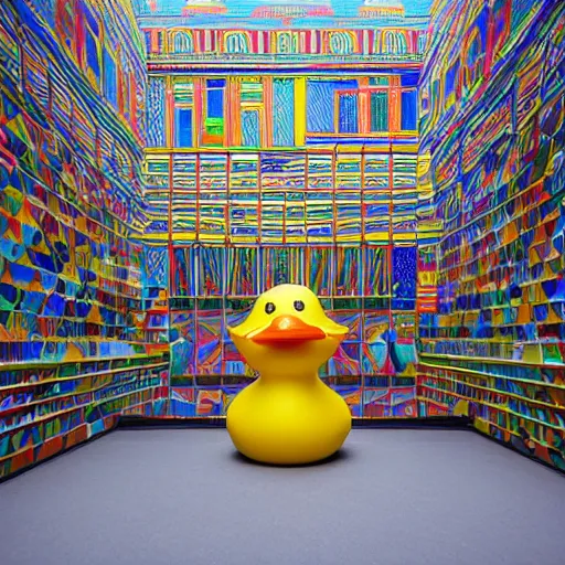 Image similar to wide shot, one photorealistic rubber duck in foreground on a pedestal in an cavernous museum gallery, metropolitan museum of art, the walls are covered with colorful geometric wall paintings in the style of sol lewitt, tall arched stone doorways, through the doorways are more wall paintings in the style of sol lewitt.