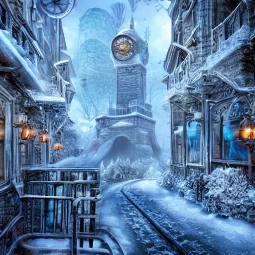 Image similar to frozen steampunk city, hyper realistic photograph