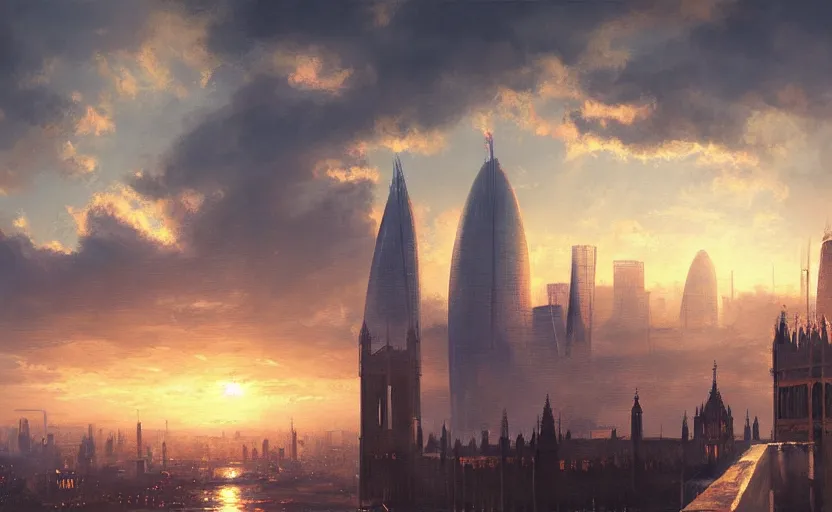 Image similar to painting of skyline of london at sunset, natural light, concept art, by greg rutkowski, cozy atmospheric and cinematic lighting