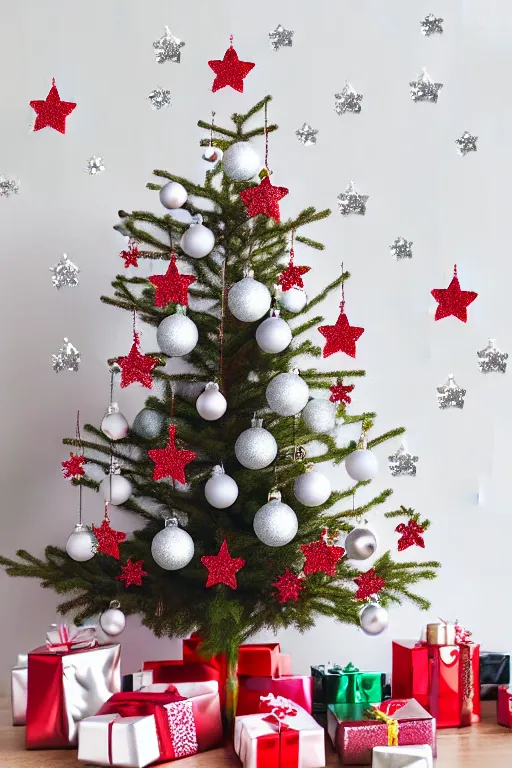 Image similar to flat sticker scandi christmas tree with kitsch glitzy baubles and stars and christmas robin bird decorations, silver pink white red mood, smooth sharp focus