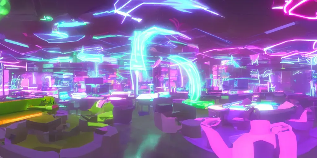 Image similar to VRChat world lobby with neon lighting.