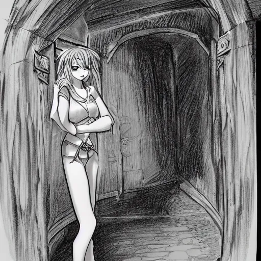 Prompt: A girl open a portal to a fantasy world, manga sketch