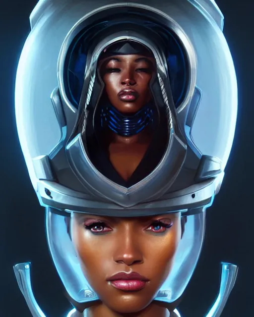 Image similar to Portrait of very very very very very very beautiful black woman, spacesuit, futuristic cybernetic helmet, blue eyes, real life skin, intricate, elegant, highly detailed, artstation, concept art, smooth, sharp focus, art by artgerm and greg rutkowski and alphonse mucha