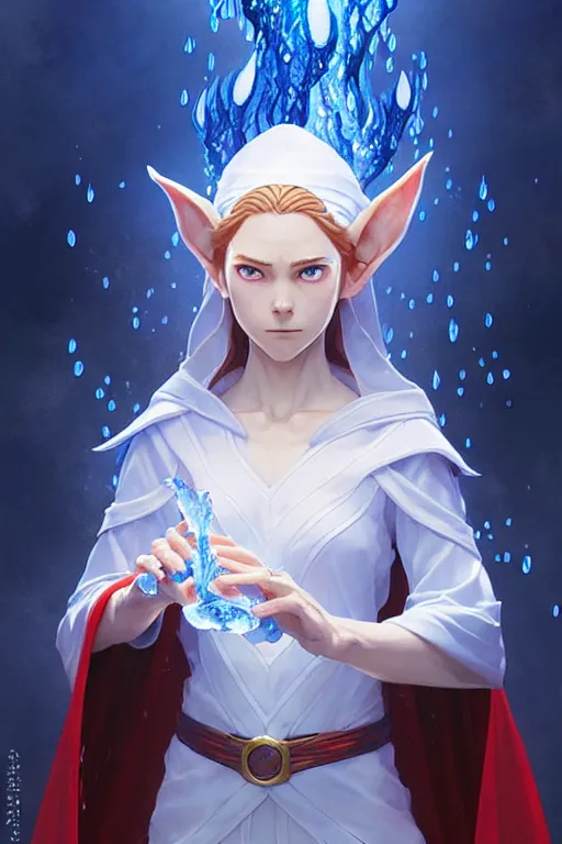 Image similar to elf female sorcerer doing water magic spells, blue robes, red hair, finely detailed perfect face, exquisite details, mid view, design on a white background, by studio muti, greg rutkowski makoto shinkai takashi takeuchi studio ghibli