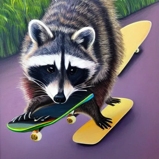 Image similar to detailed painting of a raccoon riding a skateboard