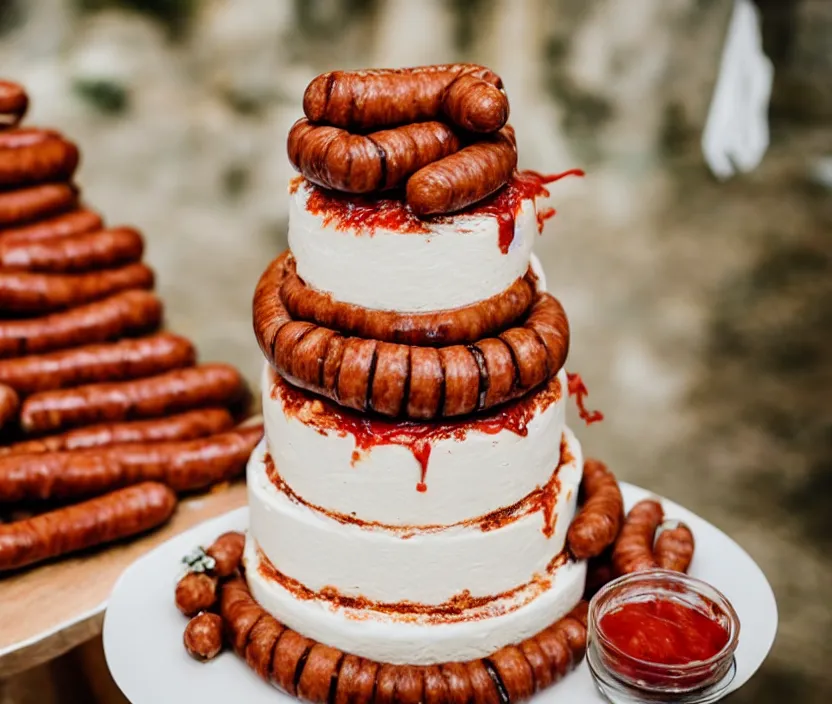 Image similar to photo of a wedding cake with sausages and ketchup