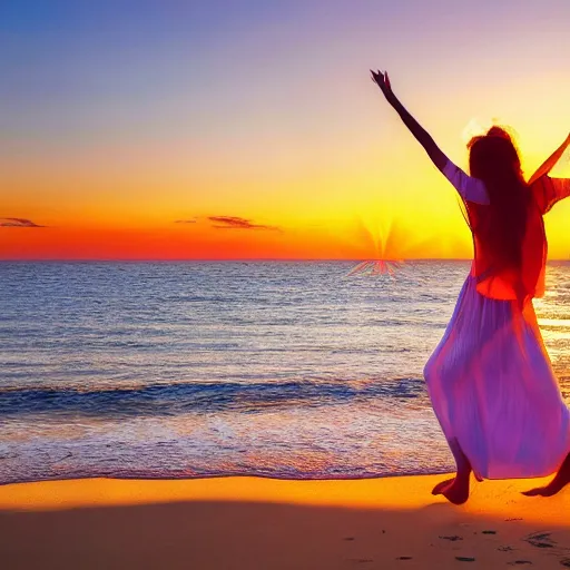 Image similar to young womens in paradise at the sea, golden hour ,joyfulness ,peaceful, holy spirit, joy, guardian angel, space as wall paper, dramatic,,,8k, ultrarealistic , highst resolution