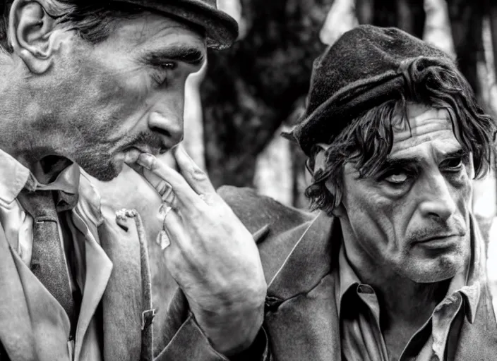 Image similar to an dramatic scene from the movie scarface, medium long shot, costumes from peaky blinders, filmed in the dark woods, a cabin in the background, al pacino and daniel day - lewis, sharp eyes, serious expressions, detailed and symmetric faces, black and white, cinematic, epic,