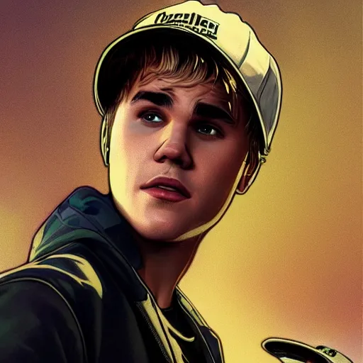 Prompt: Justin Bieber as a grand theft auto 5 loading screen, close shot, intricate, highly detailed, digital painting, artstation, concept art, sharp focus, illustration, art by greg rutkowski and alphonse mucha