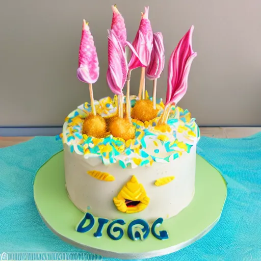 Prompt: corn dogs, mermaid themed birthday cake, food photography,