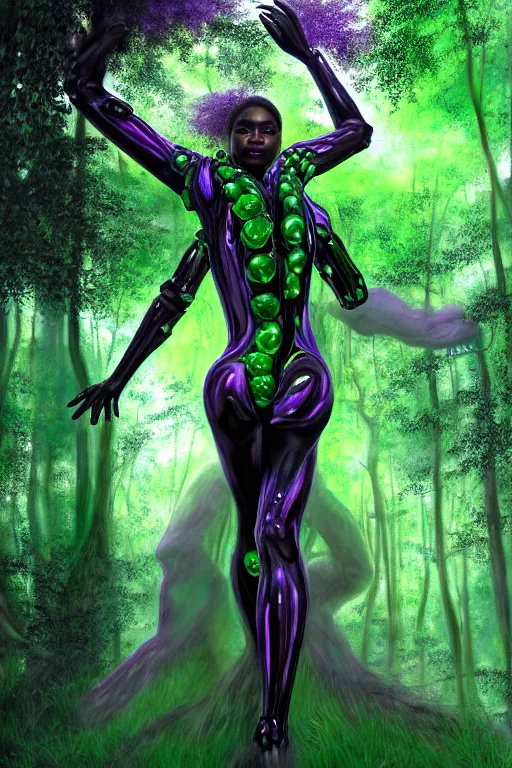 Image similar to hyperrealistic post - raphaelite super expressive! black woman with exoskeleton armor, merging with tree in a forest, highly detailed digital art masterpiece smooth cam de leon eric zener dramatic pearlescent soft green purple light ground angle hd 8 k sharp focus