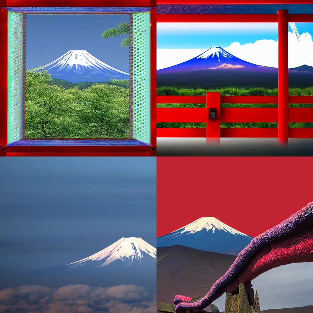 Prompt: a photograph of mount fuji with a holographic red tori gate on the summit. realistic. hq. photoreal.