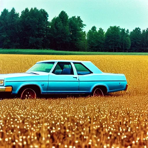 Prompt: A photograph of a (((((rusty, worn out, broken down, beater))))) Powder Blue Dodge Aspen (1976) in a farm field, photo taken in 1989