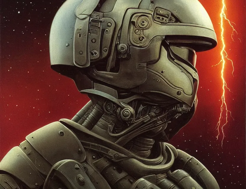 Image similar to a detailed close up portrait painting of a bounty hunter in combat armour and visor. cinematic sci-fi poster. Flight suit, accurate anatomy. portrait symmetrical and science fiction theme with lightning, aurora. lighting. clouds and stars. Futurism by beksinski carl spitzweg moebius and tuomas korpi. baroque elements. baroque element. intricate artwork by caravaggio. Oil painting. Trending on artstation. 8k