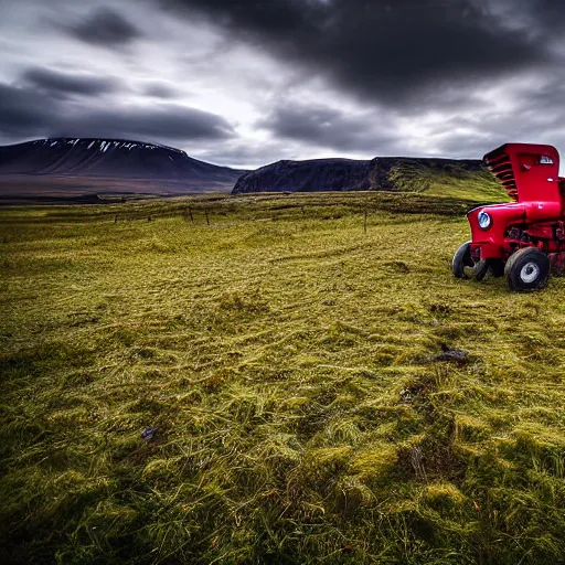 Prompt: a wide angle HDR photograph of a red tractor in a field in Iceland, snowy mountain backdrop with moody clouds, shot from low angle