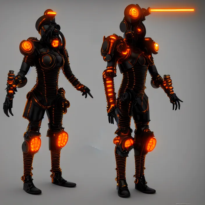 Image similar to a character in a futuristic room, black and orange steampunk armor, highly detailed, render, vray, octane, realistic lighting