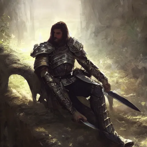 Image similar to 'A human male paladin in chainmail is resting on his knee with a greatsword in his hand, art by Greg Rutkowski, 4k'