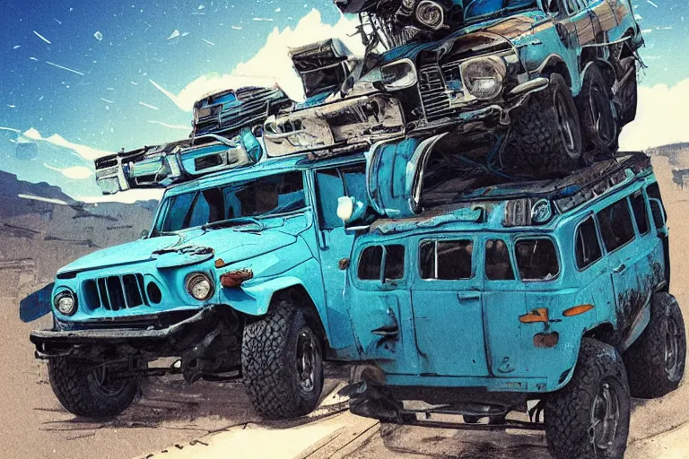 Image similar to digital illustration of a faded cyan mad max's fj 4 0 decrepit!!!! pursuit special, rusty!!! cyberpunk nissan fj cruiser heavily modded 1 9 9 0 s, the last v 8 interceptor by makoto shinkai, ilya kuvshinov, lois van baarle, rossdraws, basquiat